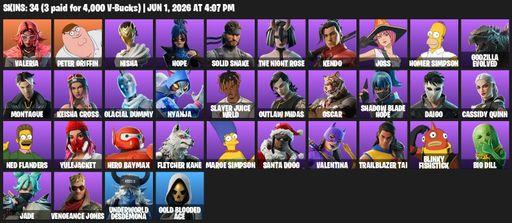 [PC/PSN/XBOX] | 34 skins | Valeria | Peter Griffin | Nisha | Hope | Solid Snake | The Night Rose | Kendo | Joss | Homer Simpson | Godzilla Evolved | Full Access