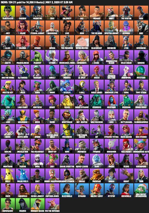 [PC/PSN/XBOX] | 134 skins | 600 V-bucks | Omega | Lara Croft | Trailblazer | Carbide | Predator | Zeus | Calamity | Raz | Menace | Drift | The Visitor | Full Access