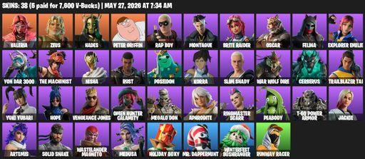 [PC/PSN/XBOX] | 38 skins | Valeria | Zeus | Hades | Peter Griffin | Rap Boy | Montague | Brite Raider | Oscar | Felina | Explorer Emilie | Full Access