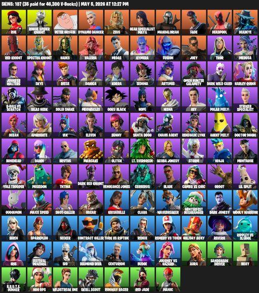 [PC/PSN] | 107 skins | Leviathan Axe | Rue | Rogue Spider Knight | Peter Griffin | Dynamo Dancer | Zeus | Gear Specialist Maya | Mandalorian | Fade | Full Access