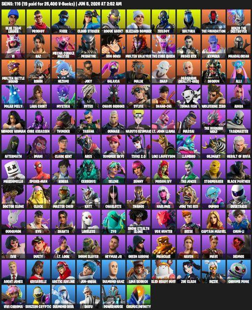[PC] | 116 skins | 1700 V-bucks | Lara Croft | Blue Team Leader | Prodigy | Fixer | Cloud Striker | Rogue Agent | Blizzard Bomber | Trilogy | Sultura | Full Access