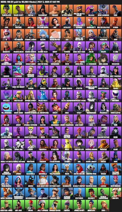 [PC] | 169 skins | 950 V-bucks | Travis Scott | Lara Croft | Trailblazer | Mizuki | Blackheart | Menace | Ultima Knight | Molten Battle Hound | Full Access