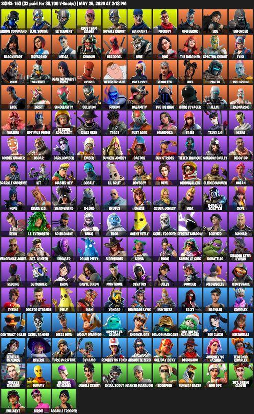 [PC] | 153 skins | Take The L | OG STW | Royale Knight | Elite Agent | Blue Squire | Mako | Reaper Axe | Carbon Commando | Rose Team Leader | Warpaint | Full Access