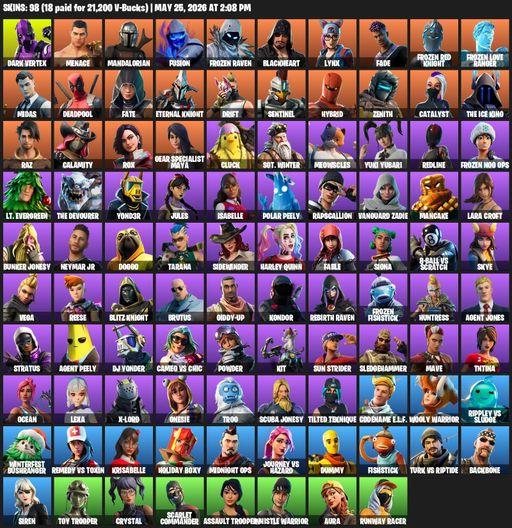[PC/PSN] | 98 skins | Lara Croft | Dark Vertex | Menace | Mandalorian | Fusion | Frozen Raven | Blackheart | Lynx | Fade | Frozen Red Knight | Full Access