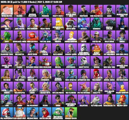 [PC/PSN] | 86 skins | Peter Griffin | Valeria | Emperor Palpatine | Poseidon | Marty McFly | Slayer Juice WRLD | Montague | FIRE Master Kai | Daigo | Full Access