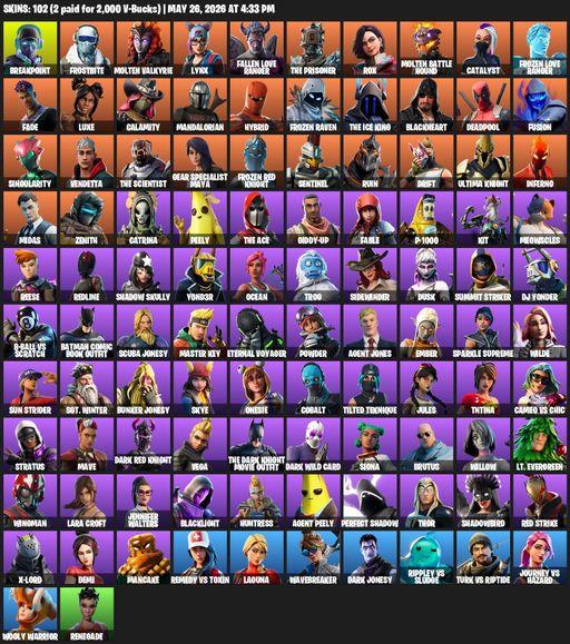 [PC/PSN/XBOX] | 102 skins | 500 V-bucks | Lara Croft | Breakpoint | Frostbite | Molten Valkyrie | Lynx | Fallen Love Ranger | The Prisoner | Rox | Full Access