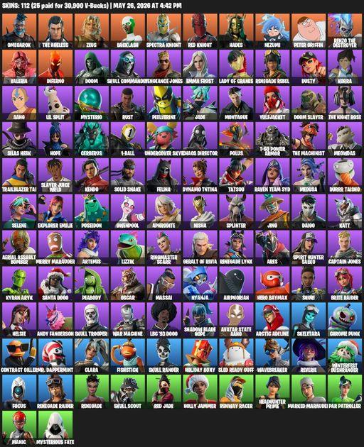 [PC] | 112 skins | Renegade Raider | Omegarok | The Ageless | Zeus | Backlash | Spectra Knight | Red Knight | Hades | Nezumi | Peter Griffin | Full Access