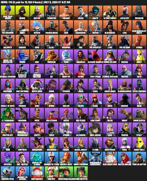 [PC/PSN] | 116 skins | 650 V-bucks | IKONIK | Lara Croft | Blue Team Leader | Kratos | Predator | Menace | Midas | Zenith | Ultima Knight | Catalyst | Full Access