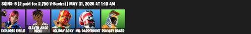[PC/PSN/XBOX] | 5 skins | 500 V-bucks | Explorer Emilie | Slayer Juice WRLD | Holiday Boxy | Mr. Dappermint | Runway Racer | Outlaw's Whipknives | Full Access