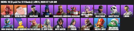 [PC/PSN/XBOX] | 19 skins | Valeria | Peter Griffin | Montague | Hope | Vengeance Jones | Dino Megazord | Battle Gamer Mae | Solid Snake | Agent Patch | Full Access