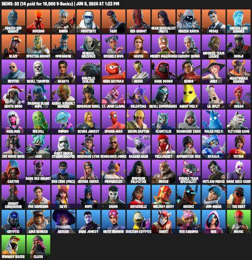 [PC/XBOX] | 92 skins | Reaper Axe | Frozen Red Knight | Inferno | Ronin | Frostbite | Fade | Red Knight | Gear Specialist Maya | Frozen Raven | Midas | Full Access