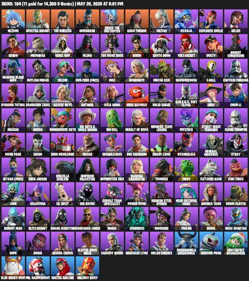 [PC] | 104 skins | 600 V-bucks | Nezumi | Spectra Knight | The Ageless | Omegarok | Renzo the Destroyer | Kado Thorne | Mizuki | Nyanja | Full Access