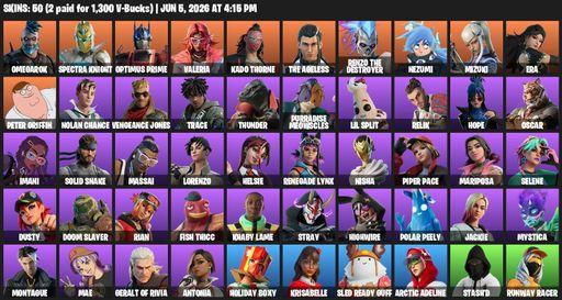 [PC] | 50 skins | 1900 V-bucks | Omegarok | Spectra Knight | Optimus Prime | Valeria | Kado Thorne | The Ageless | Renzo the Destroyer | Nezumi | Full Access