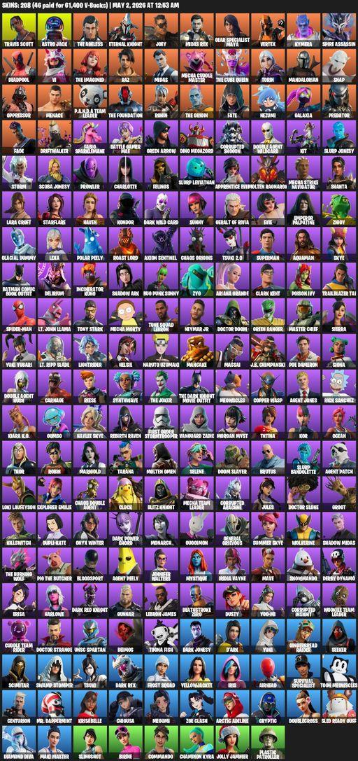 [PC/PSN/XBOX] | 208 skins | Travis Scott | Lara Croft | Astro Jack | The Ageless | Eternal Knight | Joey | Midas Rex | Gear Specialist Maya | Vertex | Full Access