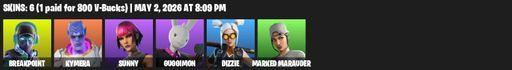 [PC/XBOX] | 6 skins | 750 V-bucks | Breakpoint | Kymera | Sunny | Guggimon | Dizzie | Marked Marauder | The Fret Basher | Rebel Slice | Chop Chop | Full Access