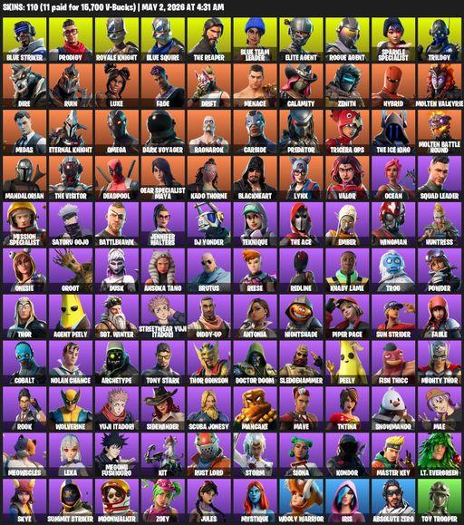 [PC/XBOX] | 110 skins | Take The L | Floss | Sparkle Specialist | Royale Knight | The Reaper | Elite Agent | Blue Squire | Omega | Blue Striker | Full Access