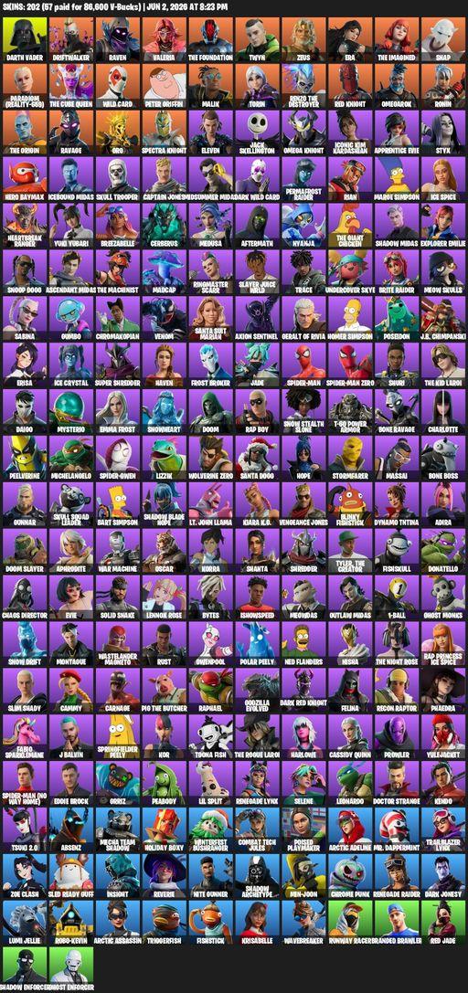 [PC/PSN] | 202 skins | Renegade Raider | Darth Vader | Driftwalker | Raven | Valeria | The Foundation | Twyn | Zeus | Era | The Imagined | Snap | Full Access