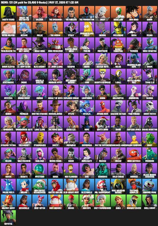 [PC/XBOX] | 131 skins | 1050 V-bucks | Darth Vader | Renzo the Destroyer | Valeria | The Imagined | The Ageless | The Foundation | Snap | Backlash | Full Access