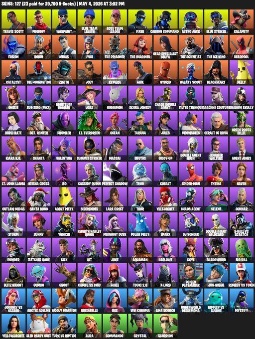 [PC/PSN/XBOX] | 127 skins | 550 V-bucks | OG STW | Travis Scott | Lara Croft | Prodigy | Warpaint | Blue Team Leader | Rose Team Leader | Fixer | Full Access