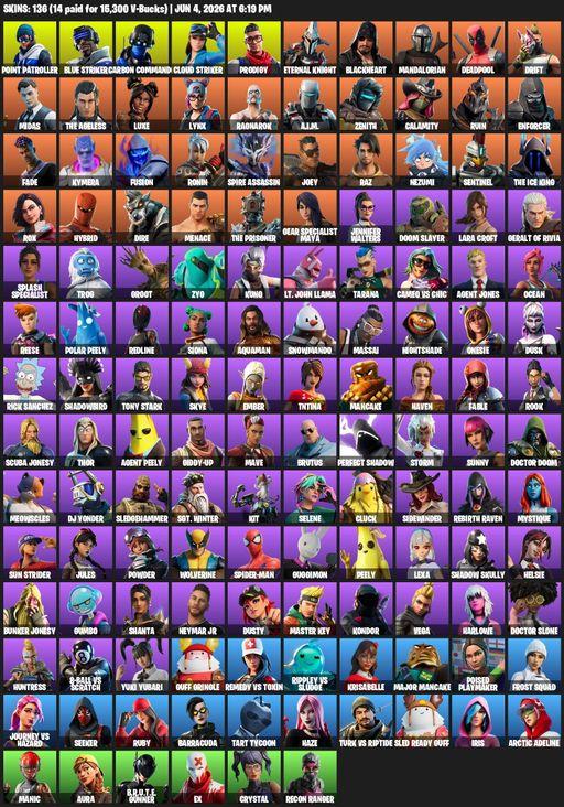 [PC/XBOX] | 136 skins | 750 V-bucks | Lara Croft | Point Patroller | Blue Striker | Carbon Commando | Cloud Striker | Prodigy | Eternal Knight | Full Access