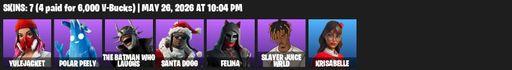 [PC/PSN] | 7 skins | 500 V-bucks | Yulejacket | Polar Peely | The Batman Who Laughs | Santa Dogg | Felina | Slayer Juice WRLD | Krisabelle | Full Access