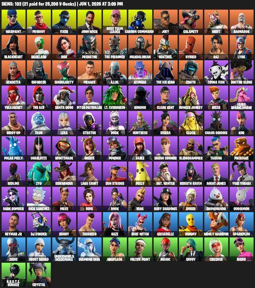 [PC/XBOX] | 102 skins | Leviathan Axe | OG STW | Lara Croft | Warpaint | Prodigy | Fixer | John Wick | Rose Team Leader | Carbon Commando | Joey | Full Access