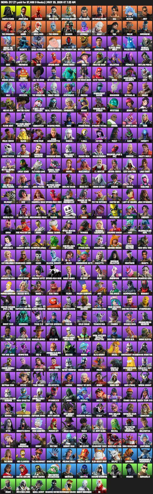 [PC/PSN] | 317 skins | Lara Croft | Darth Vader | John Wick | Inferno | Midas Rex | Spectra Knight | The Ageless | Optimus Prime | Raz | Nezumi | Joey | Full Access