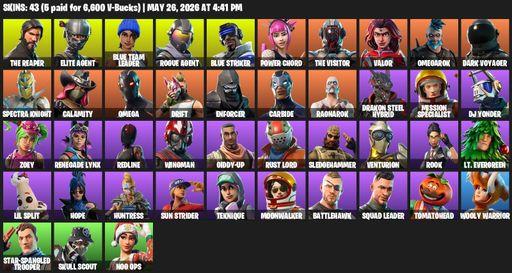 [PC] | 43 skins | 1300 V-bucks | Take The L | The Reaper | Elite Agent | Omega | Blue Team Leader | Rogue Agent | Blue Striker | Power Chord | Full Access