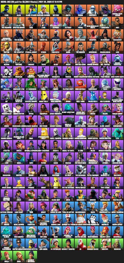 [PC] | 203 skins | Merry Mint Axe | Lara Croft | Fixer | Glow | Cloud Striker | Blizzard Bomber | Sultura | Zenith | Fusion | Frostbite | Raven | Full Access