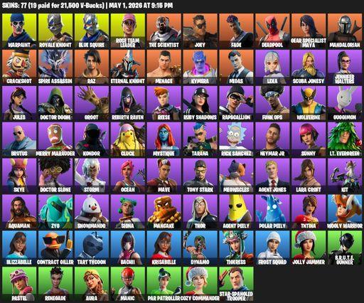 [PC/PSN/XBOX] | 77 skins | OG STW | Royale Knight | Blue Squire | Lara Croft | Warpaint | Rose Team Leader | The Scientist | Joey | Fade | Deadpool | Full Access