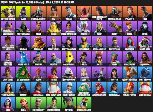 [PC/PSN/XBOX] | 66 skins | 850 V-bucks | Leviathan Axe | Merry Mint Axe | Lara Croft | Psycho Bandit | Glow | Eternal Knight | Raz | Midas | Deadpool | Full Access