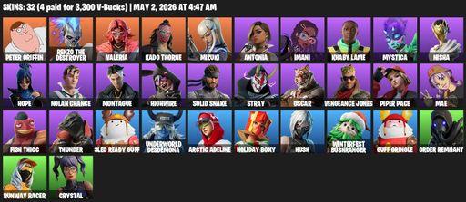 [PC/PSN/XBOX] | 32 skins | Peter Griffin | Renzo the Destroyer | Valeria | Kado Thorne | Mizuki | Antonia | Imani | Khaby Lame | Mystica | Nisha | Full Access