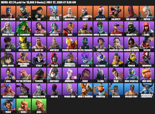 [PC/PSN/XBOX] | 63 skins | Optimus Prime | Oblivion | Era | Renzo the Destroyer | Ragnarok | Drift | Catalyst | Calamity | Red Knight | Mizuki | Full Access