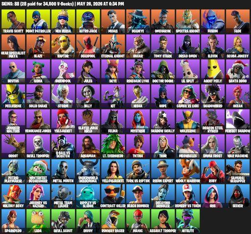 [PC/PSN/XBOX] | 88 skins | 550 V-bucks | Travis Scott | Point Patroller | Neo Versa | Astro Jack | Midas | Deadeye | Omegarok | Spectra Knight | Full Access