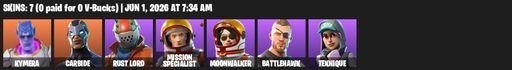 [PC/PSN] | 7 skins | 500 V-bucks | Take The L | Kymera | Carbide | Rust Lord | Mission Specialist | Moonwalker | Battlehawk | Teknique | Ol' Woody | Full Access