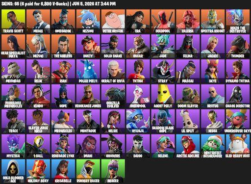 [PC/PSN/XBOX] | 65 skins | 1300 V-bucks | Travis Scott | Midas | Omegarok | Nezumi | Peter Griffin | Era | Deadpool | Valeria | Spectra Knight | Full Access