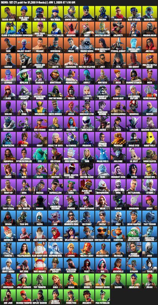 [PC/XBOX] | 187 skins | 950 V-bucks | OG STW | Travis Scott | Blue Team Leader | Astro Jack | Neo Versa | Rogue Agent | Warpaint | Trilogy | Prodigy | Full Access