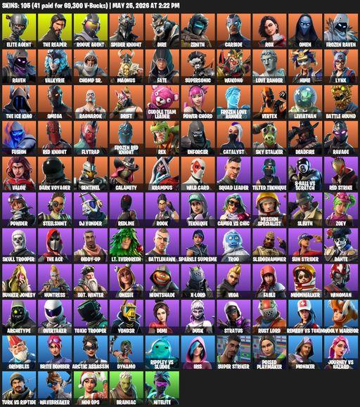 [PC/PSN/XBOX] | 105 skins | 2050 V-bucks | Take The L | The Reaper | Elite Agent | Omega | Rogue Agent | Spider Knight | Dire | Zenith | Carbide | Rox | Full Access