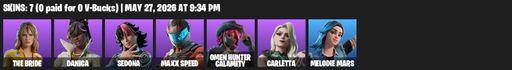 [PC/PSN/XBOX] | 7 skins | 1000 V-bucks | The Bride | Danica | Sedona | Maxx Speed | Omen Hunter Calamity | Carletta | Melodie Mars | Racer's Reavers | Full Access