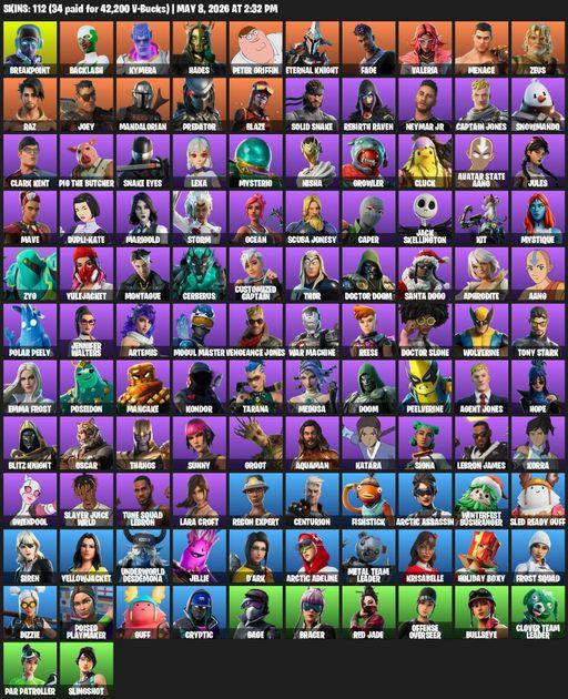 [PC/XBOX] | 112 skins | Leviathan Axe | Lara Croft | Breakpoint | Backlash | Kymera | Hades | Peter Griffin | Eternal Knight | Fade | Valeria | Menace | Full Access
