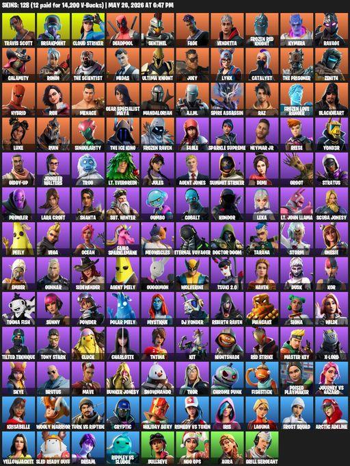[PC/XBOX] | 128 skins | Travis Scott | Lara Croft | Breakpoint | Cloud Striker | Deadpool | Sentinel | Fade | Vendetta | Frozen Red Knight | Kymera | Full Access