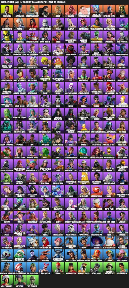 [PC] | 213 skins | Raider's Revenge | Renegade Raider | Reaper Axe | John Wick | Omegarok | Spectra Knight | Era | Zeus | Valeria | Peter Griffin | Full Access