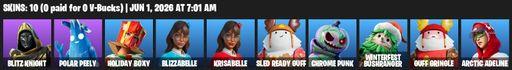 [PC/PSN/XBOX] | 10 skins | 500 V-bucks | Blitz Knight | Polar Peely | Holiday Boxy | Blizzabelle | Krisabelle | Sled Ready Guff | Chrome Punk | Full Access