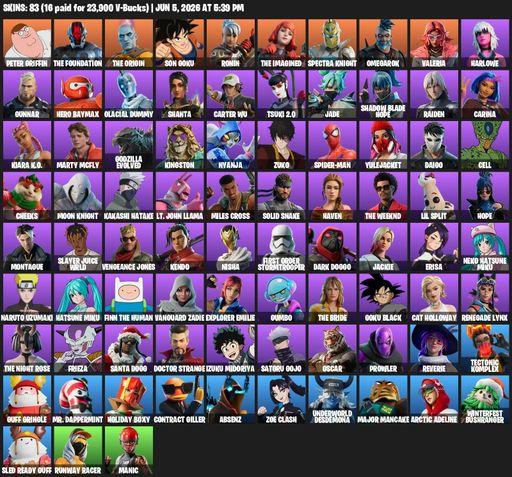 [PC/PSN/XBOX] | 83 skins | 750 V-bucks | Peter Griffin | The Foundation | The Origin | Son Goku | Ronin | The Imagined | Spectra Knight | Omegarok | Full Access