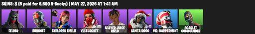 [PC/PSN/XBOX] | 8 skins | Felina | Burnoff | Explorer Emilie | Yulejacket | Slayer Juice WRLD | Santa Dogg | Mr. Dappermint | Scarlet Commander | Full Access