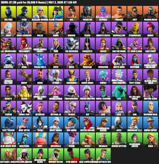 [PC/PSN/XBOX] | 97 skins | Leviathan Axe | Lara Croft | Sultura | Fixer | Blizzard Bomber | Cloud Striker | Raz | Predator | Kymera | Menace | Joey | Full Access