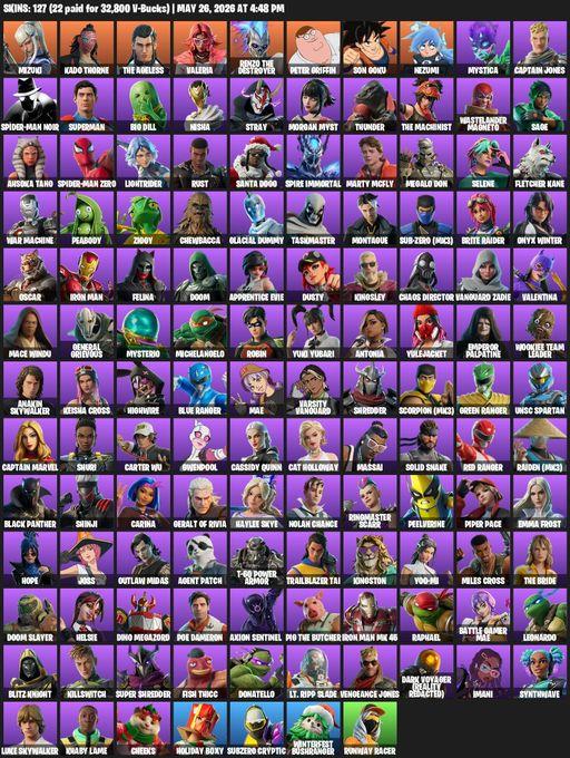 [PC] | 127 skins | Mizuki | Kado Thorne | The Ageless | Valeria | Renzo the Destroyer | Peter Griffin | Son Goku | Nezumi | Mystica | Captain Jones | Full Access