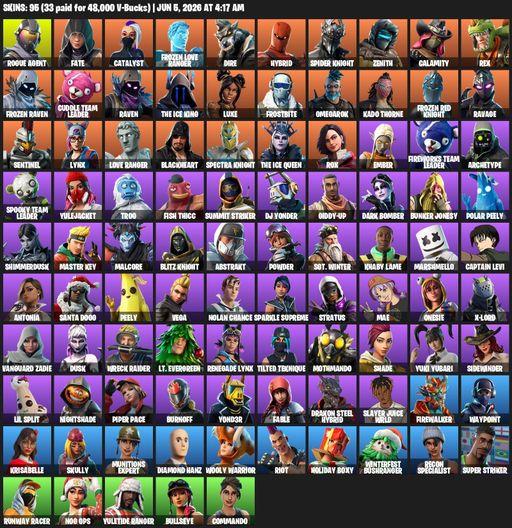 [PC/PSN] | 95 skins | Rogue Agent | Fate | Catalyst | Frozen Love Ranger | Dire | Hybrid | Spider Knight | Zenith | Calamity | Rex | Frozen Raven | Full Access