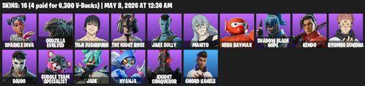 [PC/PSN/XBOX] | 16 skins | Sparkle Diva | Godzilla Evolved | Toji Fushiguro | The Night Rose | Jake Sully | Mahito | Hero Baymax | Shadow Blade Hope | Full Access