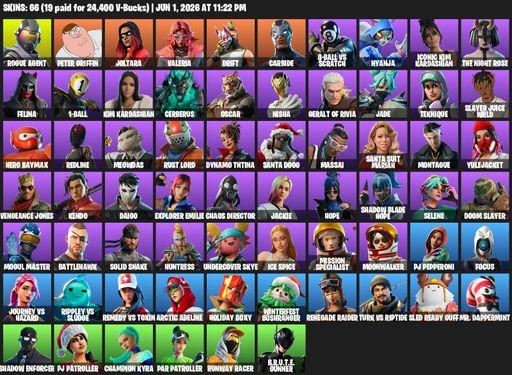 [PC/PSN/XBOX] | 66 skins | Take The L | Renegade Raider | Rogue Agent | Peter Griffin | Joltara | Valeria | Drift | Carbide | 8-Ball vs Scratch | Full Access